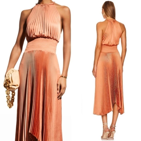 ALC Copper Satin Pleated Sleeveless Halter Smocked Waist Asymmetrical Hem Gown 2 - Picture 11 of 16